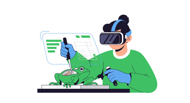 Student Using Virtual Reality VR Headset for Virtual Frog Dissection Illustration, EdTech Science Education Concept