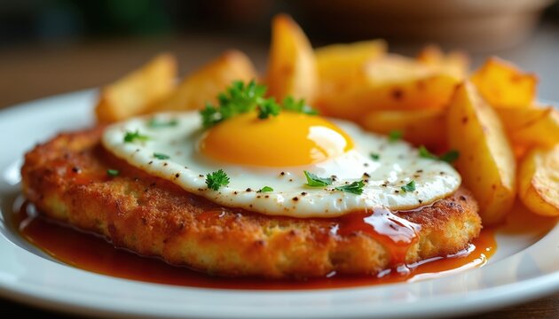 Breaded meat cutlet topped with a fried egg and potato wedges. Savory meal served on white plate. Garnished with parsley and sauce. Delicious lunch.