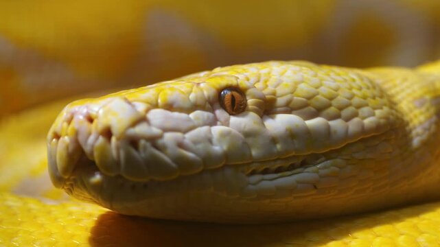 Detailed close up of an albino python's head showing intricate yellow scales and mesmerizing orange eyes