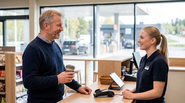 A man stands at the counter in a coffee shop holding a cup. He smiles at the young woman working behind the counter. The shop has a clean design