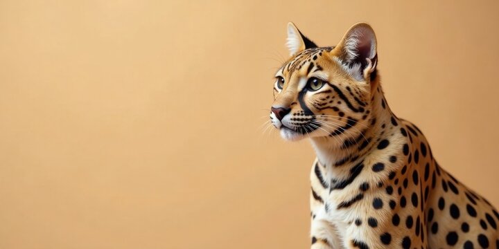 A Striking Serval Cat Portrait Against a Warm Ochre Background, Showcasing its Unique Coat Pattern and Captivating Gaze