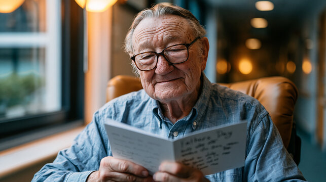 Elderly man in a hospital corridor sitting upright in a chair, holding a handwritten Fathers Day card with both hands, reading glasses on, warm light from a courtyard window beside him, perfect for 