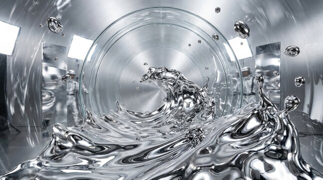 A tidal wave of liquid chrome flowing through a metallic surface creating dynamic splashes and ripples