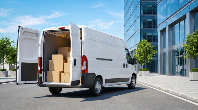 White delivery van with open cargo doors and parcel boxes, last mile logistics and courier service concept.
