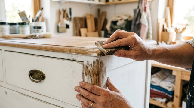 A craftsman refinishes a wooden dresser, sanding down the edges to reveal its natural beauty. Tools and paint supplies are in the background.