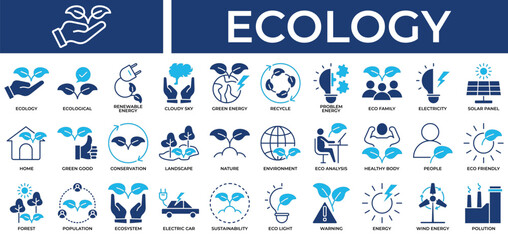Fototapeta premium Ecology icon set collection. Containing survey, management, trouble, community, friendly, good, problem .Solid vector icons collection