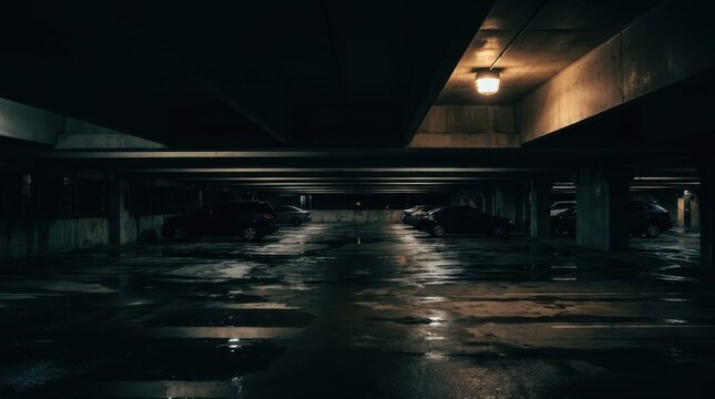 Dark, Wet Parking Garage at Night with Cars and Reflecting Lights