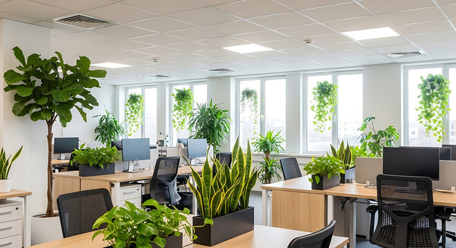 Modern Eco-Friendly Office Interior with Biophilic Design and Green Plants, Bright Sustainable Workspace with Computers and Houseplants