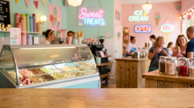 A vibrant ice cream shop filled with colorful decor, serving sweet treats, where happy customers enjoy their desserts in a cheerful atmosphere.