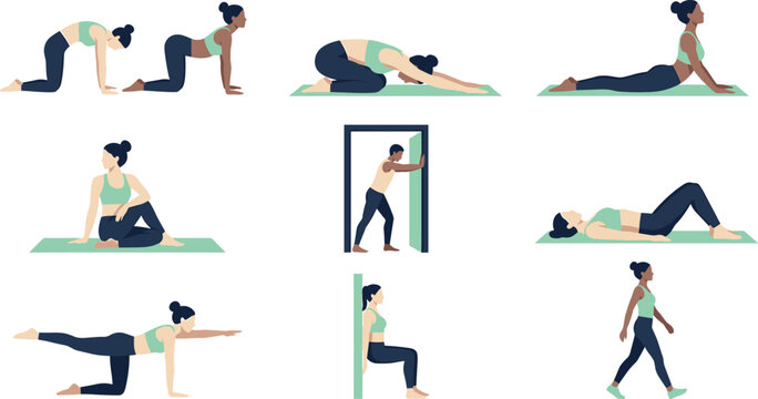 Exercise and Stretching Routine Illustration Set with Yoga Pose Floor Stretch Wall Squat Walking and Balance for Fitness Health and Wellness Design