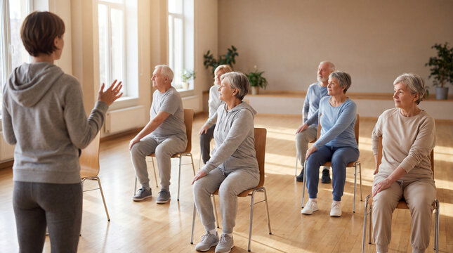 Seniors practicing chair yoga in a community room