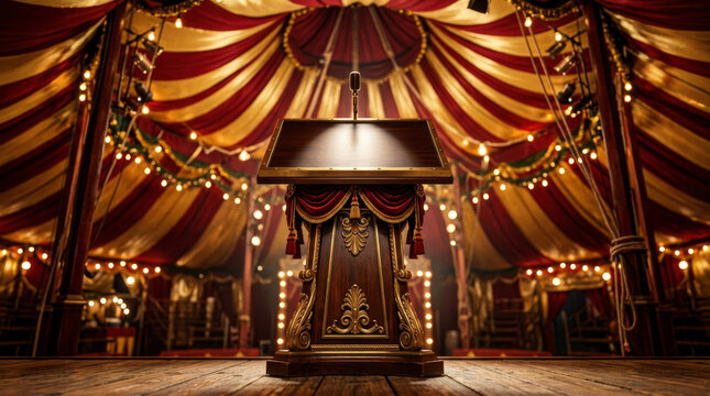 A grand podium stands ready under a vibrant circus tent, adorned with red and gold drapes and twinkling lights, setting the stage for a captivating performance.