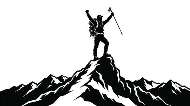 Hiker standing on the mountain peak celebrating a successful climb in this dramatic black silhouette image