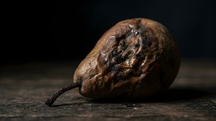 Obraz premium A Close-Up of a Rotting Pear on Rustic Wood, Still Life Photography, Natural Light, Artistic Perspective