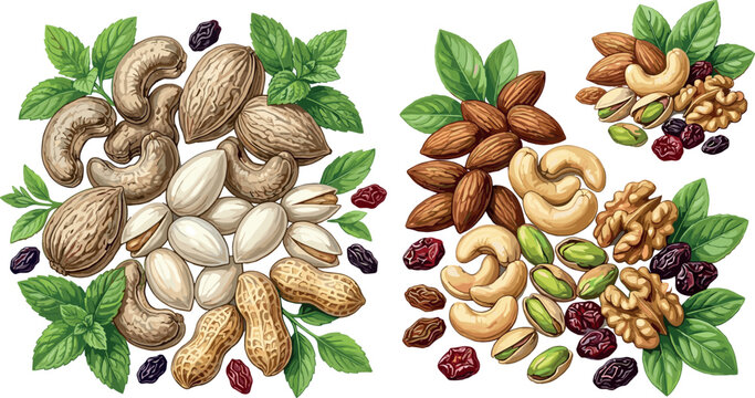 Healthy organic edible nuts and dried berries trail mix collection with almonds, cashews, pistachios, walnuts, and mint leaves hand drawn vector illustration isolated on white background