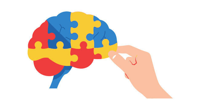 Autism Awareness Concept Illustration with Human Hand Placing Puzzle Piece into Colorful Brain - Neurodiversity and Mental Health Symbol