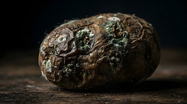 Moldy Potato Close-Up Photography in Dark Environment Highlighting Natural Decomposition