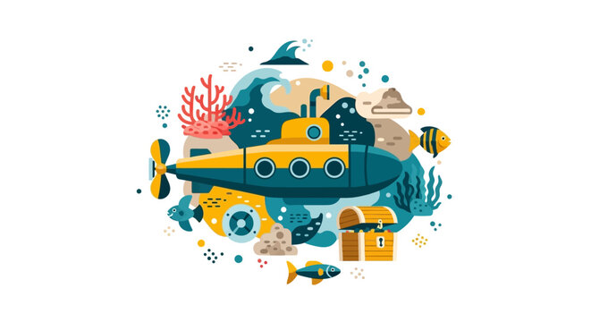 Modern Flat Vector Illustration of a Yellow Submarine Exploring the Underwater Ocean Floor with Treasure Chest, Coral Reef, and Tropical Fish