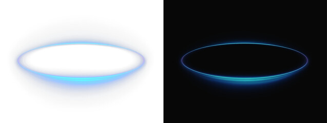 Realistic blue neon oval portal set, atmospheric glowing geometric circle podium and cinematic futuristic laser stage on contrast backgrounds © Maxim