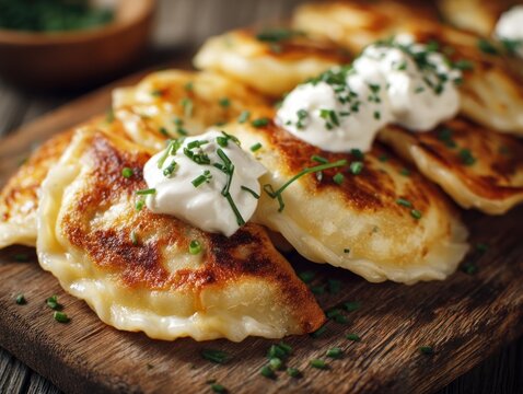 Close up of golden pan fried dumplings with sour cream and chives