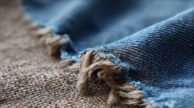 Close up of torn blue denim fabric