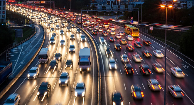 Busy Highway Traffic at Night with Blurred Headlights and Taillights on a Multi-Lane Expressway in the City