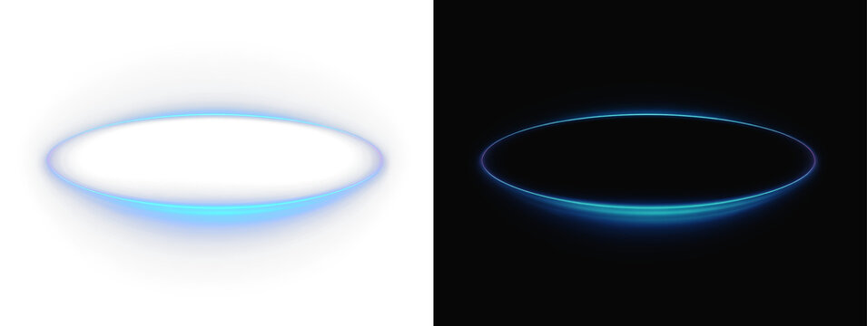 Realistic blue neon oval portal set, atmospheric glowing geometric circle podium and cinematic futuristic laser stage on contrast backgrounds