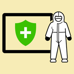 Obraz premium Flat vector illustration of a full body medical hazmat coverall with biohazard symbol and blue safety goggles for healthcare infographic design 