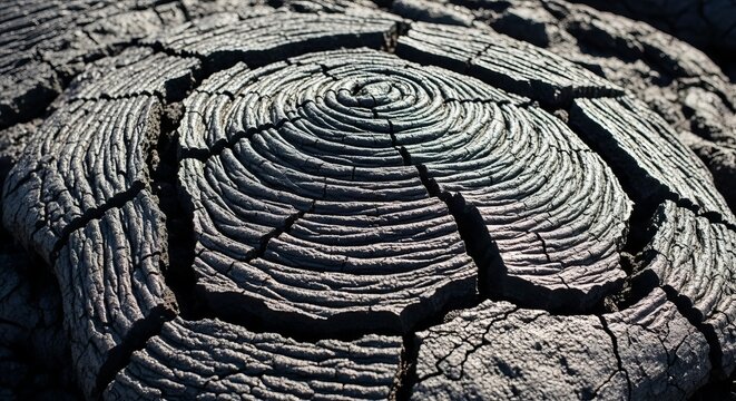 Close-up view of cracked and fractured solidified lava forming a natural, rough textured surface with concentric patterns.