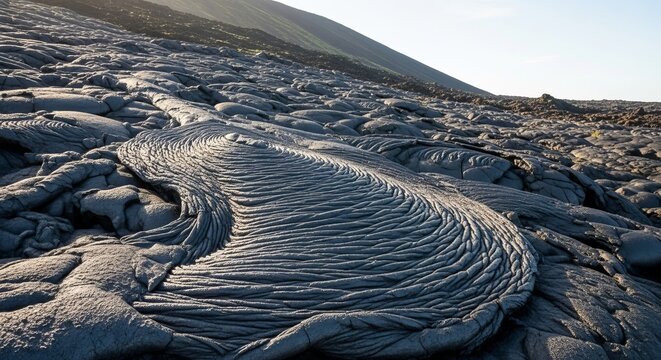 Cooling lava flow forming intricate patterns on a volcanic mountainside