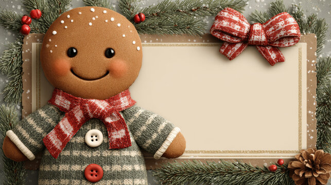 A cute gingerbread man character wearing a red-and-white scarf, positioned next to a blank rectangular card frame decorated with evergreen branches, a red bow, and pinecones.