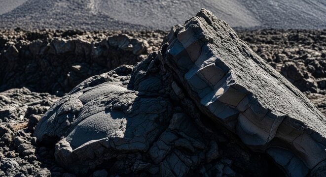 Close up view of jagged volcanic rock formations with rough textures and distinct geological patterns