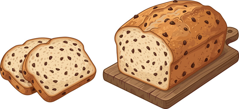 Vector cartoon illustration of sweet homemade raisin bread loaf on wooden cutting board with two fresh baked slices isolated on white background