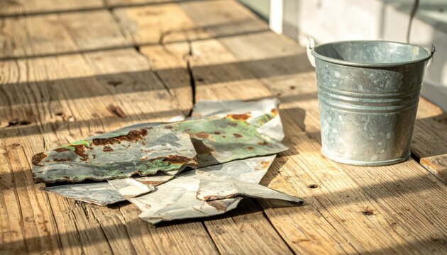 Dull Gray Zinc Metal Shards and Galvanized Steel Bucket on Weathered Wooden Planks Showing Rust and Corrosion