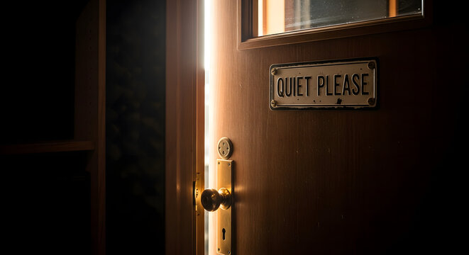 Wooden door slightly open with a rustic metal Quiet Please sign