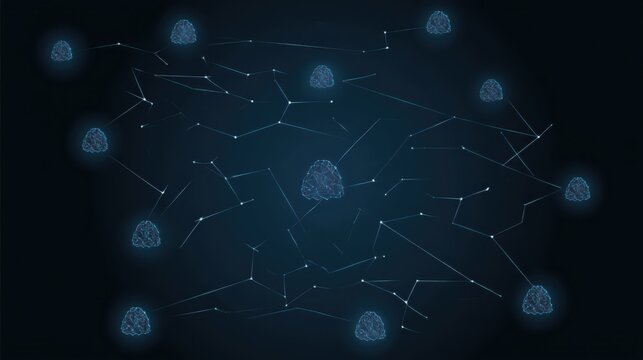 Network of interconnected digital brains symbolizing artificial intelligence and neural connections on a dark background.