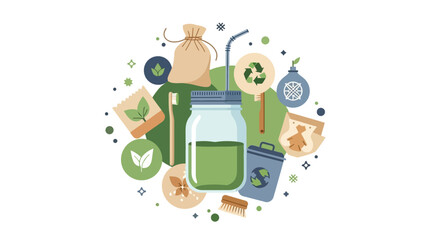 Naklejka premium Sustainable Zero Waste Lifestyle Illustration with Eco-Friendly Products, Green Living Icons, and Plastic-Free Alternatives for Environmental Conservation
