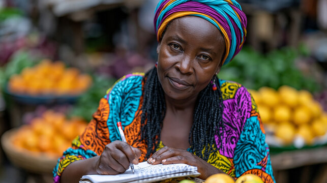 A market trader in a crowded urban square tallying daily microfinance group contributions in a notebook, colorful produce stalls visible behind her, harsh midday sun making the scene vivid and energ