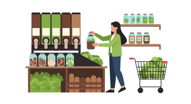Sustainable Zero Waste Grocery Store Illustration: Woman Filling Reusable Glass Jar from Bulk Food Dispenser in Eco-Friendly Organic Shop