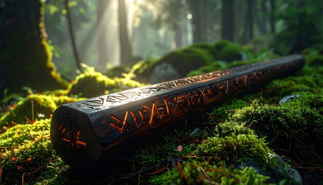 Ancient Norse Futhark runes carved into a weathered wooden artifact nestled in a sunlit mossy forest clearing