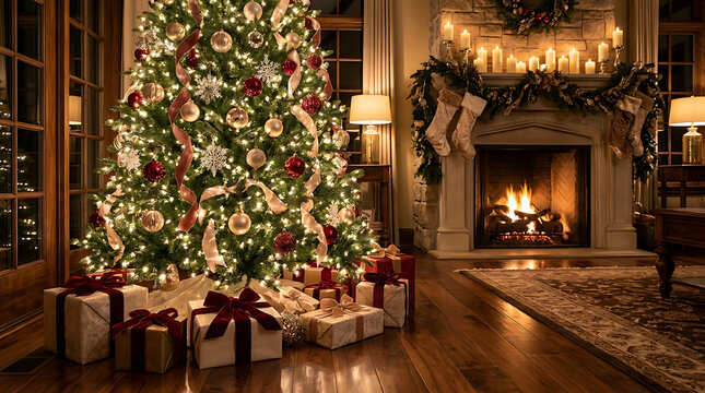 Cozy living room with a large decorated christmas tree and presents in front of a warm fireplace with stockings hung above