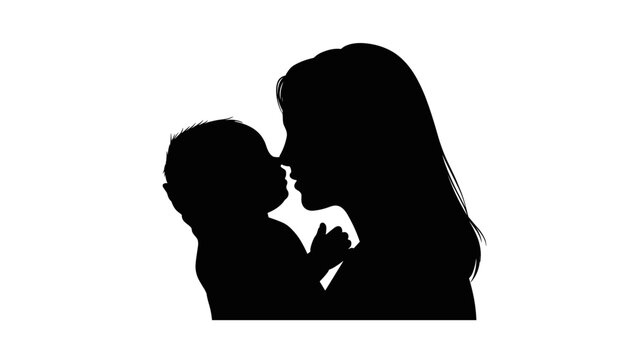Adobe Illustrator ArtworkBlack silhouette of a loving mother holding her newborn baby close to her face showing deep connection and care in a tender moment of bonding between a parent and her little c