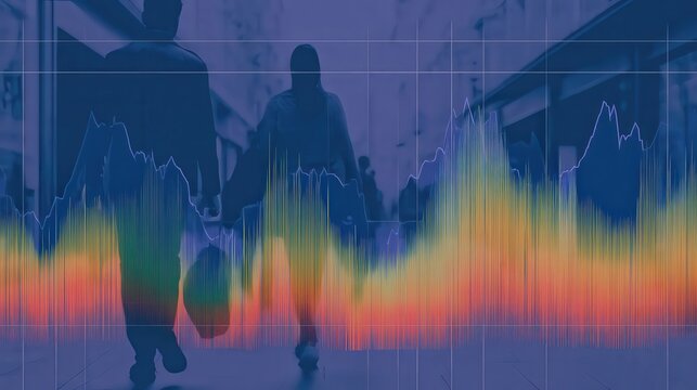 Silhouetted figures walk through a modern interior space overlaid with colorful, fluctuating soundwave graphs representing data or audio analytics.