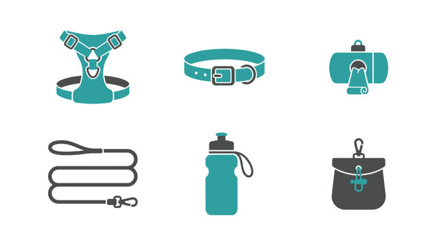 Collection of Essential Pet Walking and Training Equipment Icons.