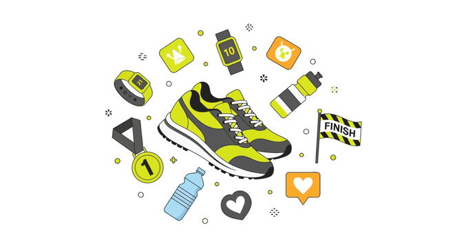 Fitness and Running Concept Illustration with Sneakers, Smartwatch, Water Bottle, and Marathon Icons