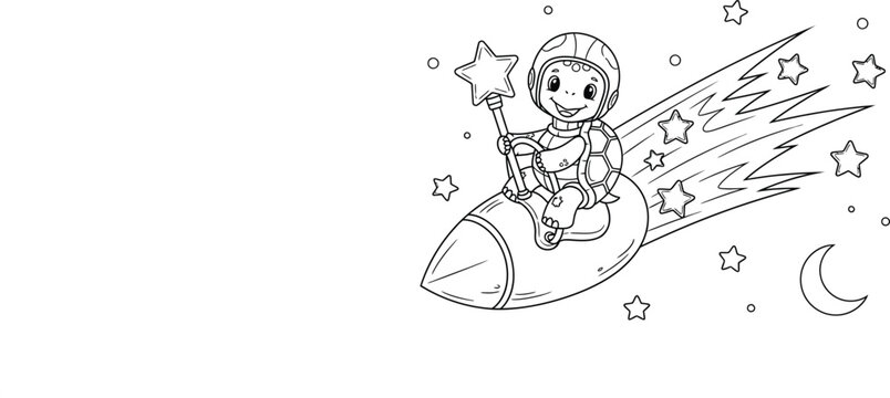 Cute Cartoon Turtle Riding a Rocket with Magic Wand Line Art Illustration, Fantasy Space Tortoise Character, Kids Coloring Page, Black and White Outline Drawing
