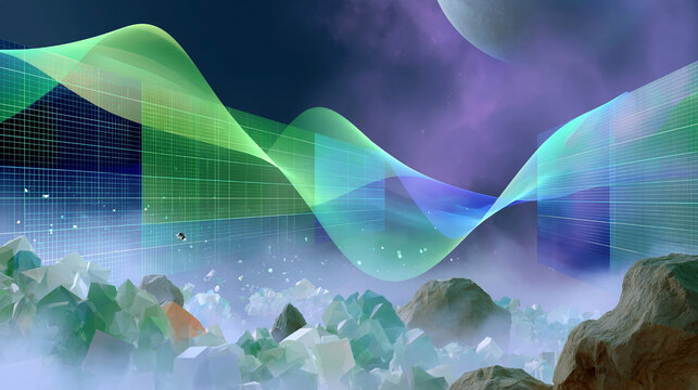 Abstract futuristic waves with digital grids in alien landscape representing data visualization, quantum computing and cosmic technology