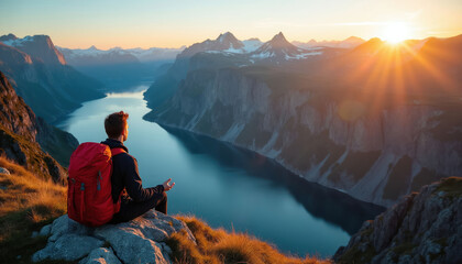 Naklejka premium Man with red backpack sits on cliff edge overlooking fjord at sunrise. Hiker meditates, enjoys majestic mountain panorama. Peaceful solitude, nature adventure, dawn light.