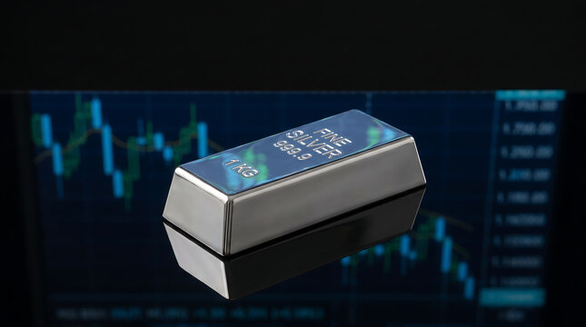Shiny One Kilogram Fine Silver Bar on Financial Stock Chart Background for Silver Market Investment