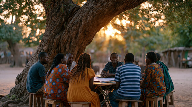 A wide shot of a rural microfinance cooperative meeting under a large acacia tree, members seated on wooden stools with a shared accounting ledger on a folding table, golden hour light filtering thr